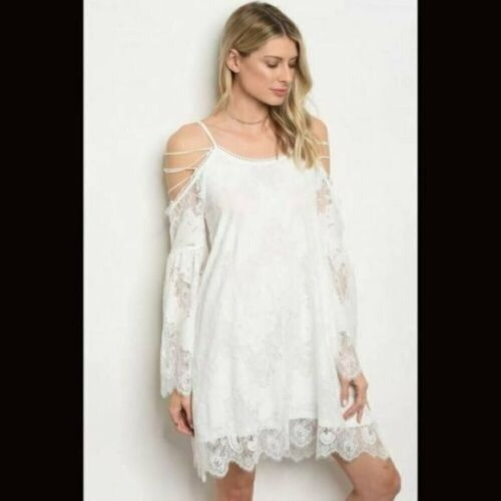 Boutique White Strappy Cold Shoulder Lace Boho Shift Dress
